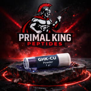 primal king peptides logo with roman warrior logo with clear plastic tube of ghk cu powder, blue, laying on a stone rock.